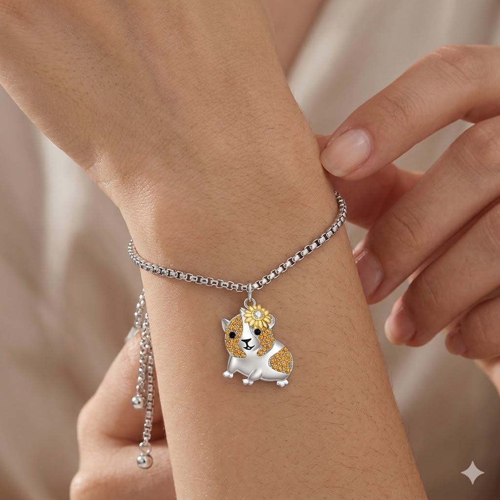 SUPAC Guinea Pig Hampster Charm Bracelet, Silver-Plated 316L Stainless Steel, Adjustable Bolo Style with Orange Cubic Zirconia, Hypoallergenic