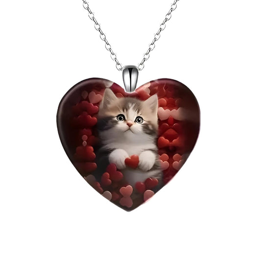 Valentines Day Cute Kitten Necklace, Red Hearts with Heart Shaped Glass Pendant, 'I Love you Today, Tomorrow, Always' Engraved, Stainless Steel Chain - Holiday, Christmas, or Valentines Day Gift