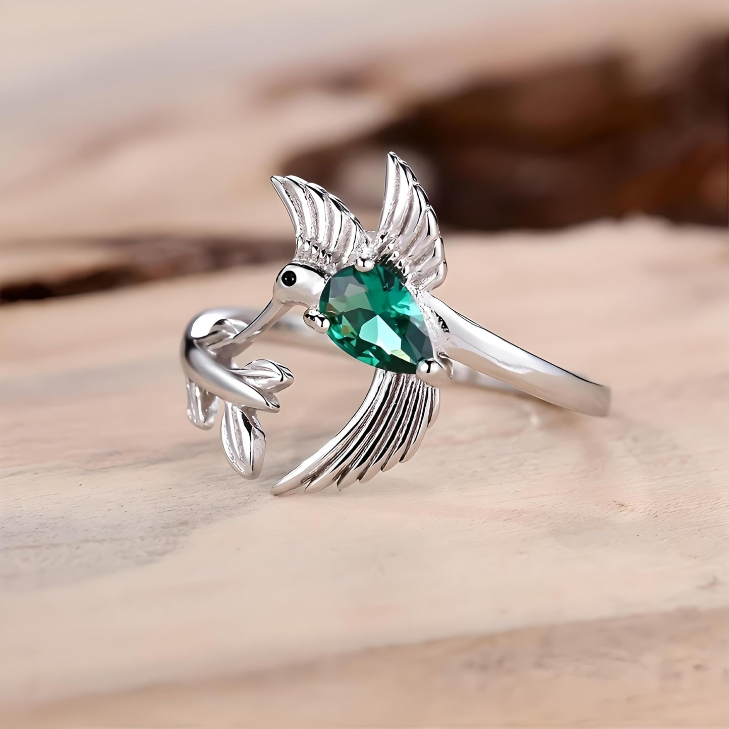 Sterling Silver Hummingbird Ring with Enamel Flowers, Adjustable, Turquoise and Purple