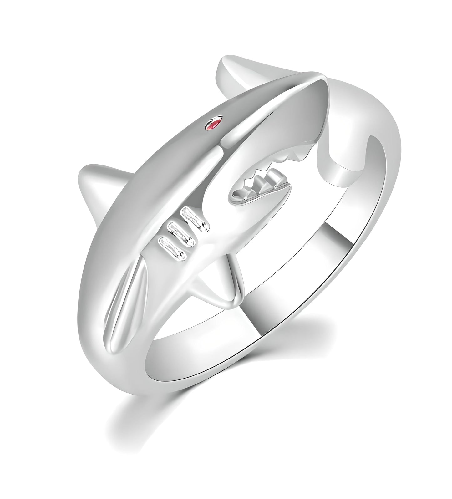 Sterling Silver Great White and Hammerhead Shark Adjustable Ring with Black Cubic Zirconia Accents
