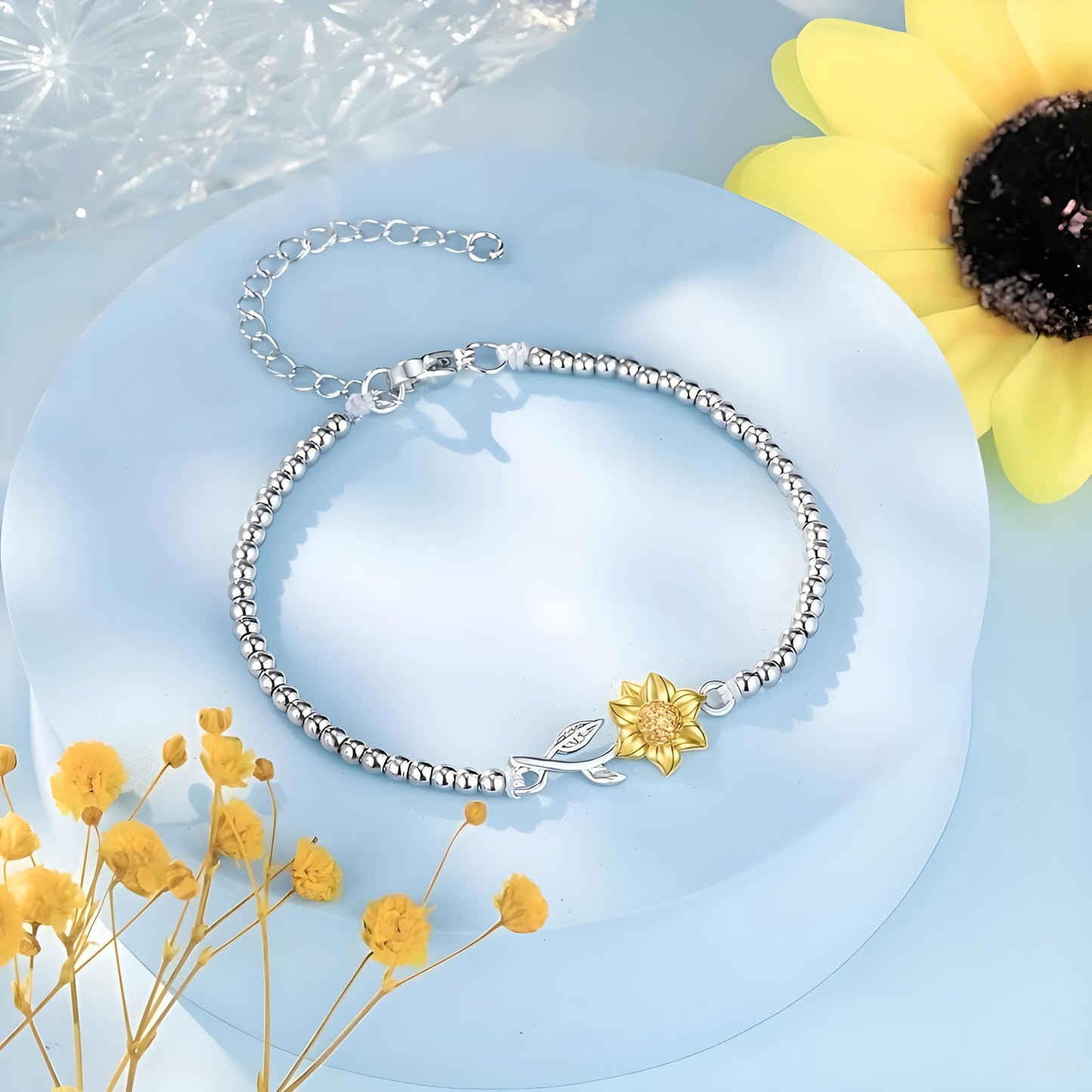 Sunflower Beaded Bracelet, Silver Chain with Gold Flower Charm, Inspirational Jewelry Gift