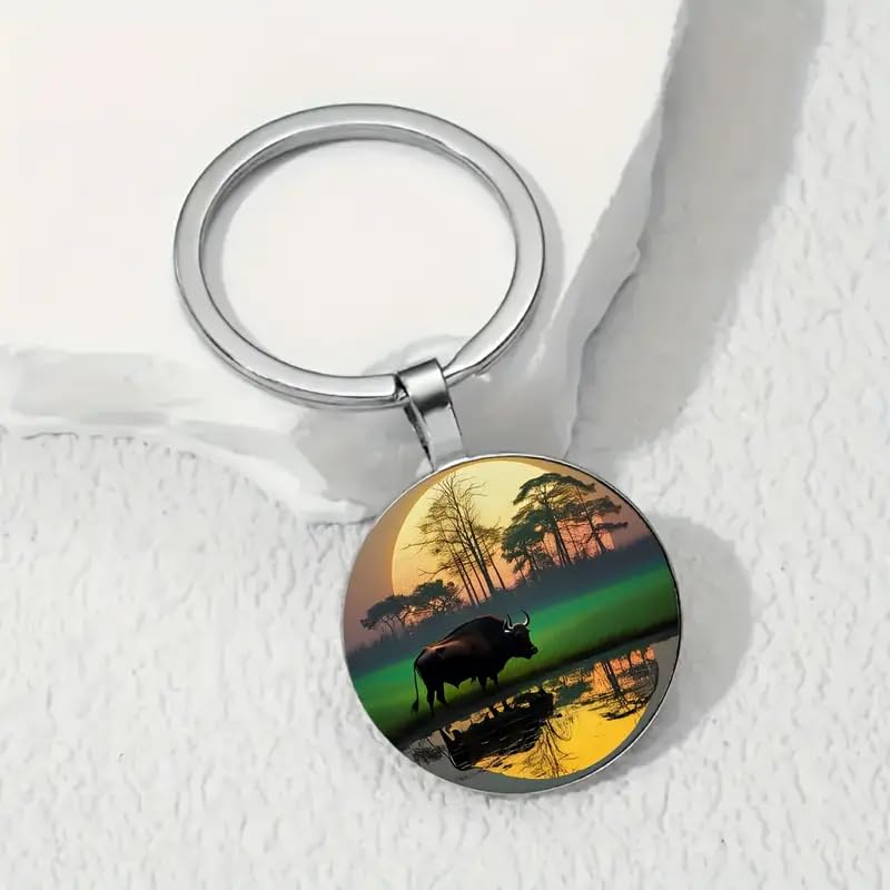 SUPAC Mountain Sunset Stained Glass Art Keychain, Nature Scene Design, Round Pendant (Buffalo Sunset)