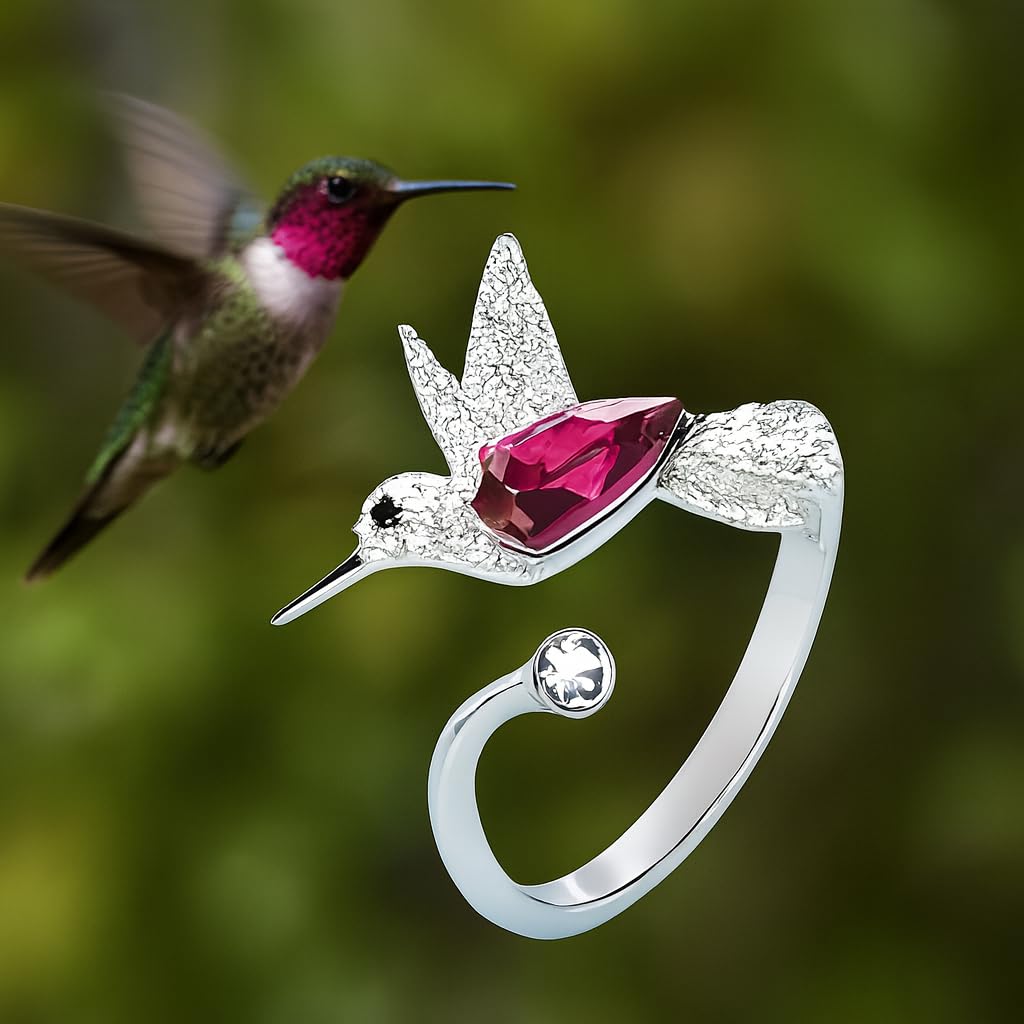 Stainless Steel Hummingbird Ring with Enamel Flowers, Adjustable, Turquoise and Purple