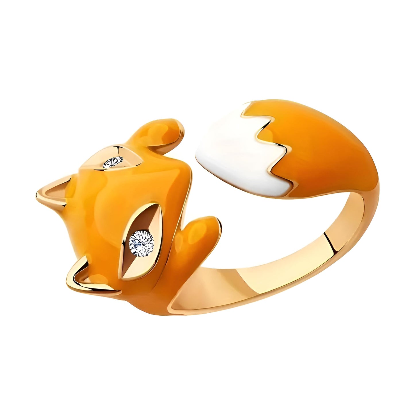 SUPAC Cute Fox Ring with Crystal Accents, Gold-Colored Enamel, Orange and White, Adjustable, 0.79 inch