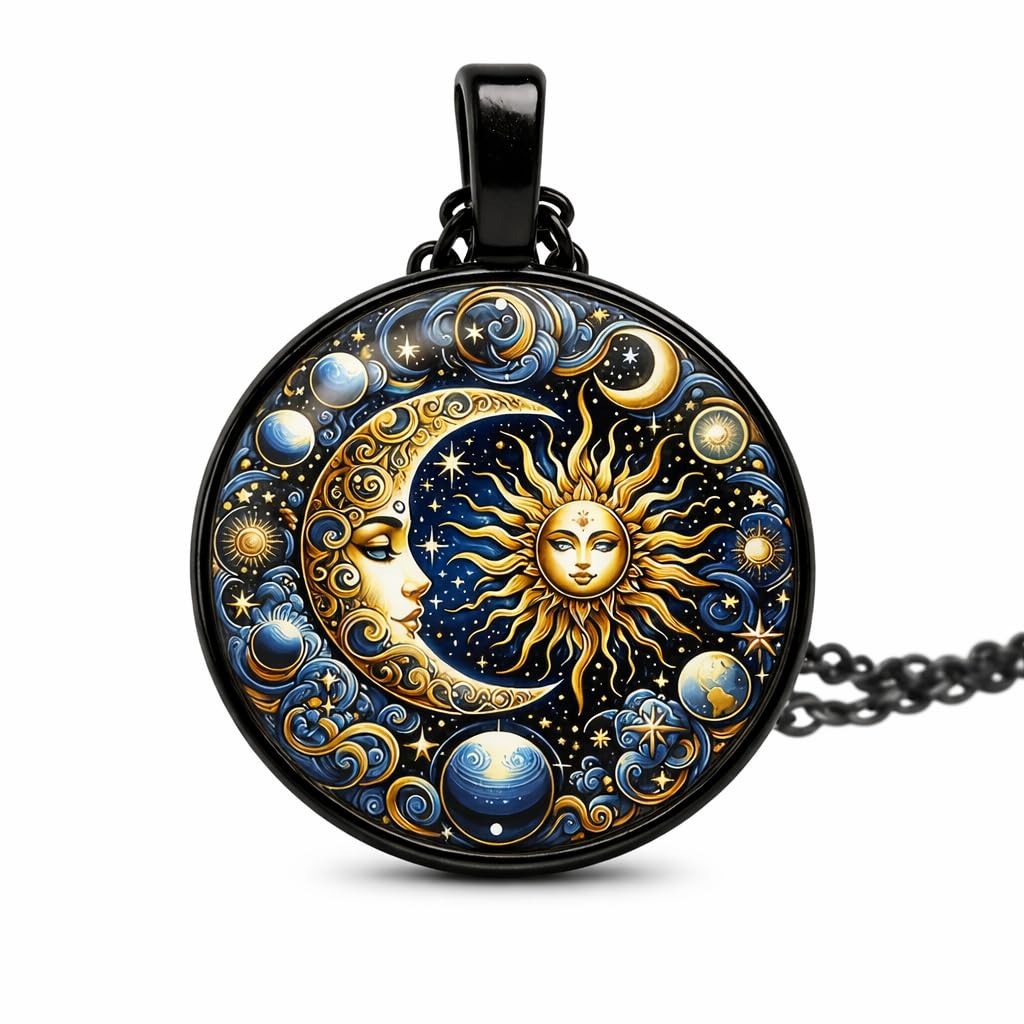 Celestial Sun and Moon Pendant Necklace, Mystical Galaxy Design, Black and Gold, 45cm Chain with 5cm Extension, 2.5cm Round Medallion