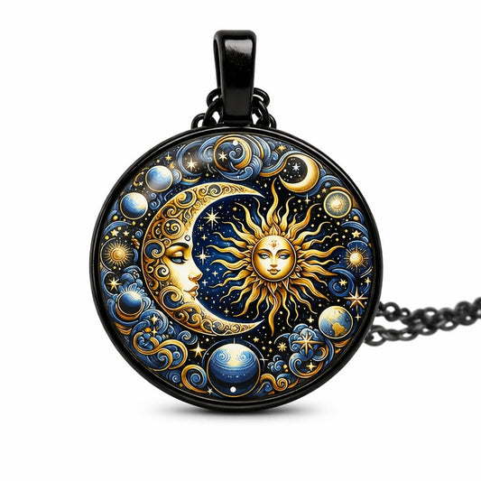 Celestial Sun and Moon Pendant Necklace, Mystical Galaxy Design, Black and Gold, 45cm Chain with 5cm Extension, 2.5cm Round Medallion