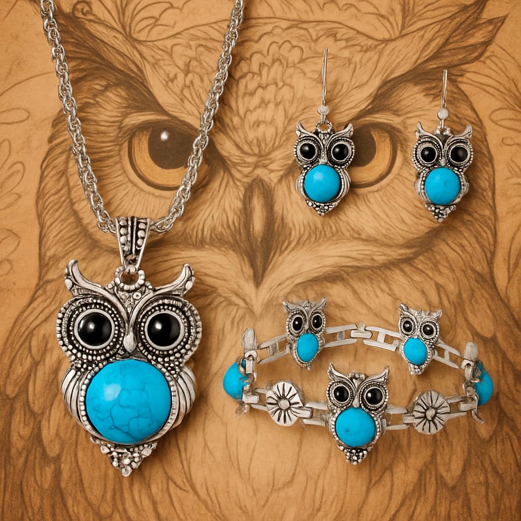 SUPAC Vintage Owl Jewelry Set with Turquoise Stones, Silver-Tone Necklace, Bracelet and Earrings, 27.5 inch Chain