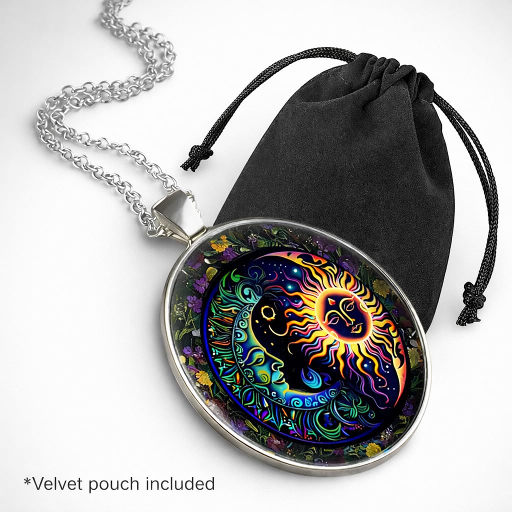 Celestial Sun and Moon Pendant Necklace, 17.7 inch Chain, Colorful Mystical Design