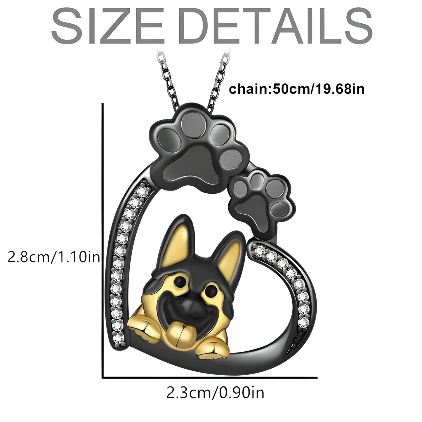 SUPAC Dog Breeds Necklace, German Shepherd, Labrador Retriever, Heart Pendant Necklace, Black and Gold, Crystal Paw Print Design, Dog Lovers Gift