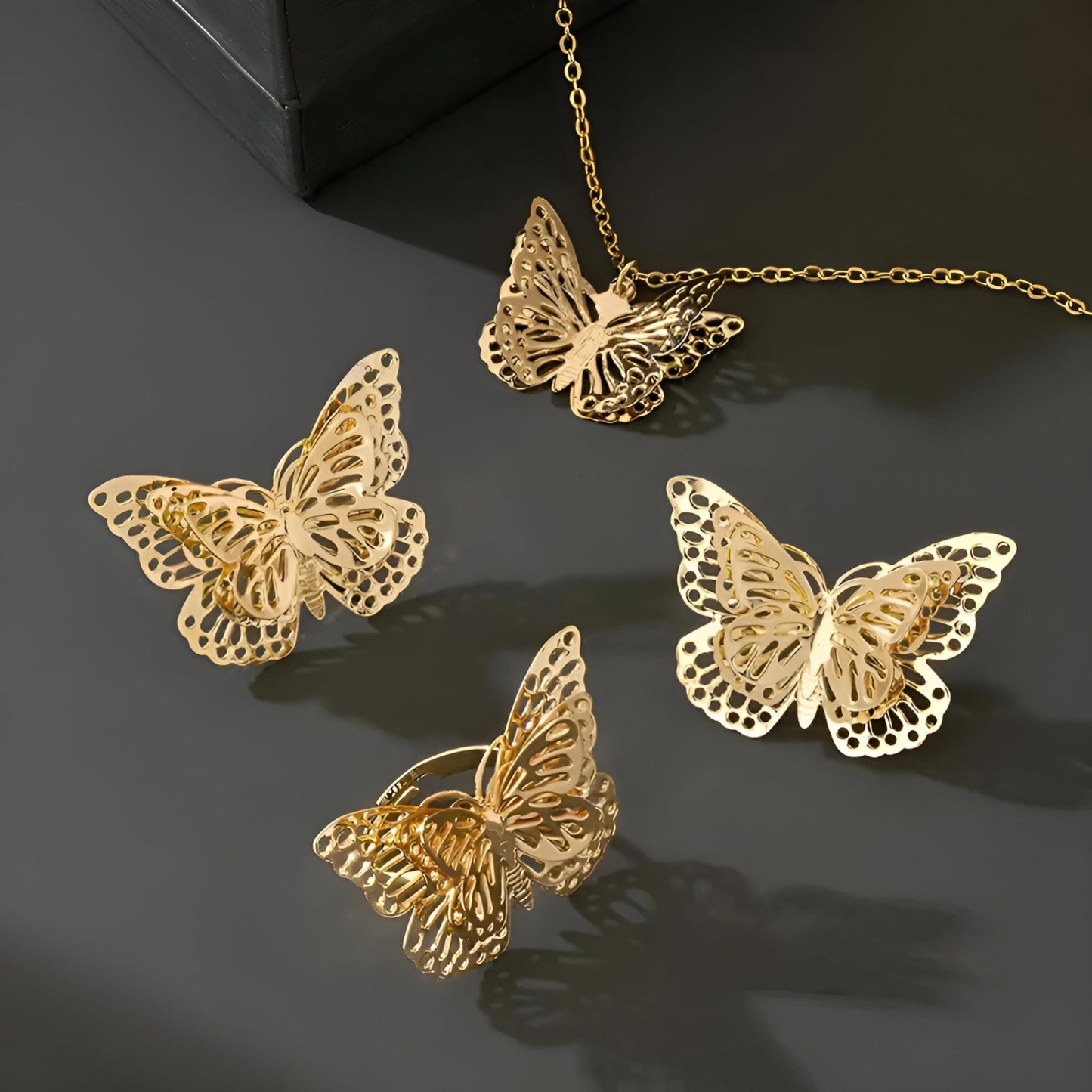SUPAC Gold Butterfly Necklace Earrings Adjustable Ring Jewelry Set, 18.5 inch Chain Length, 4 Pieces