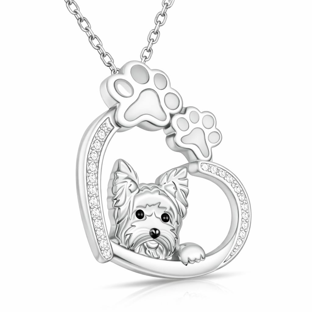 SUPAC Yorkie Dog Necklace with Heart and Paw Print Design, Silver Stainless Steel with Cubic Zirconia, 17.7 Inch Chain