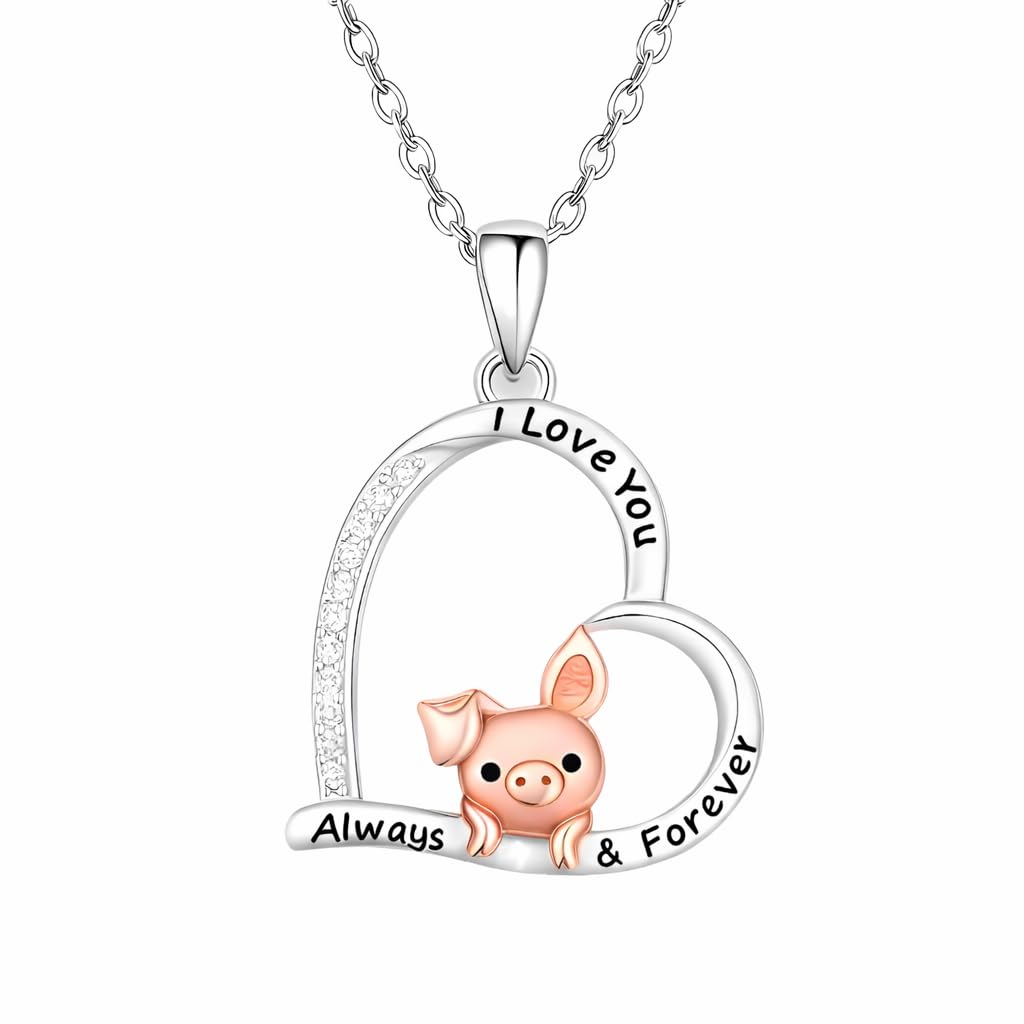 SUPAC Crystal Heart Pendant Necklace with Rose Gold Pig Design, Stainless Steel Chain, I Love You Always & Forever Message, CZ Diamonds, 17.5 Inch