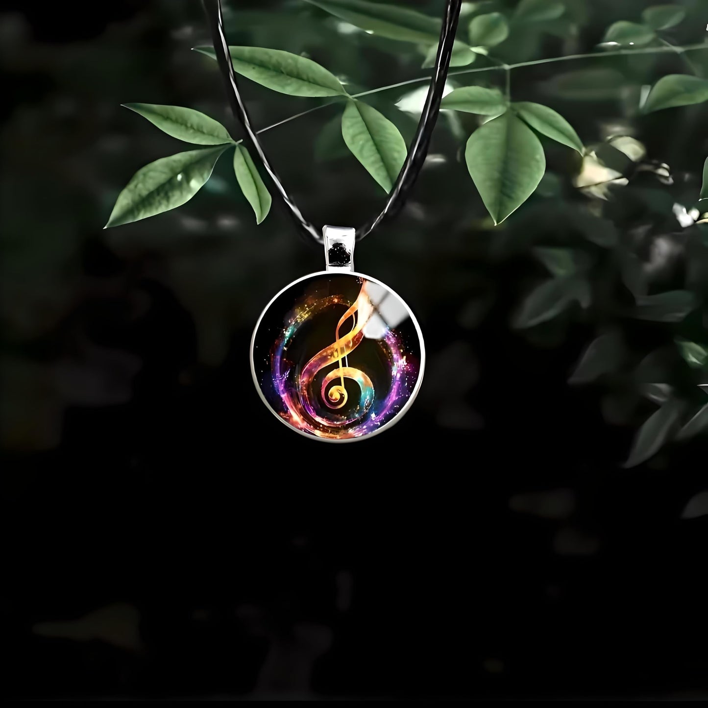 SUPAC Musical Note Pendant Necklace, Black Leather Cord, Eighth Note, Treble Clef, 17.7 Inch Chain with 2 Inch Extension