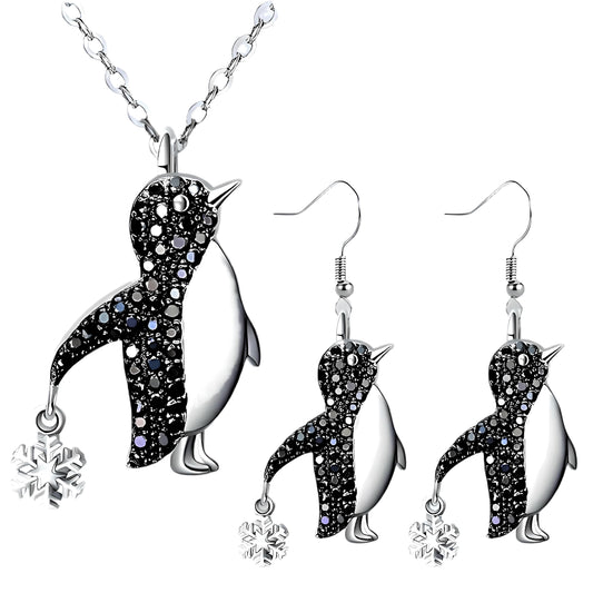 Crystal Penguin Jewelry Set, Silver Necklace and Earrings with Snowflake Charm, Black - Gift for Penguin Lovers