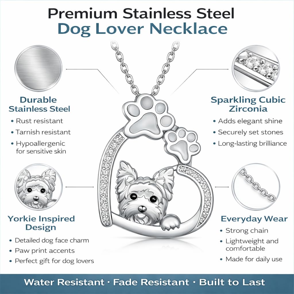 SUPAC Yorkie Dog Necklace with Heart and Paw Print Design, Silver Stainless Steel with Cubic Zirconia, 17.7 Inch Chain