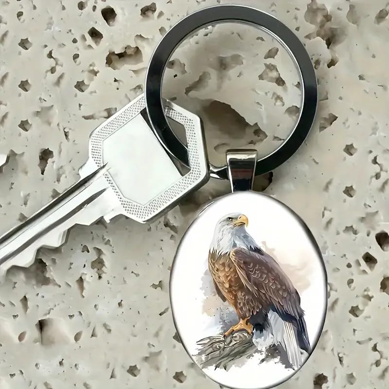 Mountain Sunset Stained Glass Art Keychain, Nature Scene Design, Round Pendant (Bald Eagle)