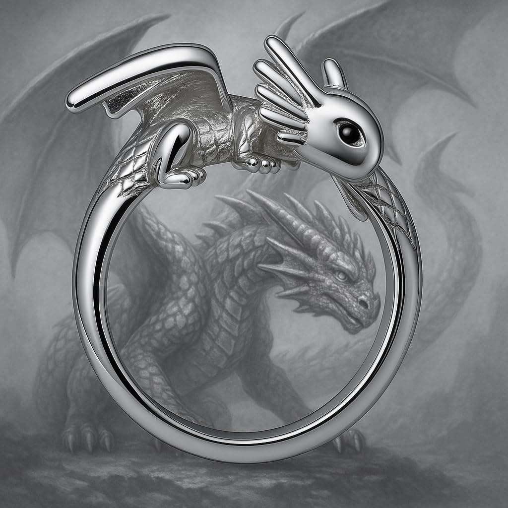 SUPAC Whimsical Silver Flying Dragon Ring - Unique Animal Shape Design, Adjustable Index Finger Ring for Men or Women, Cute Personality Statement Jewelry, Niche Fashion Accessory