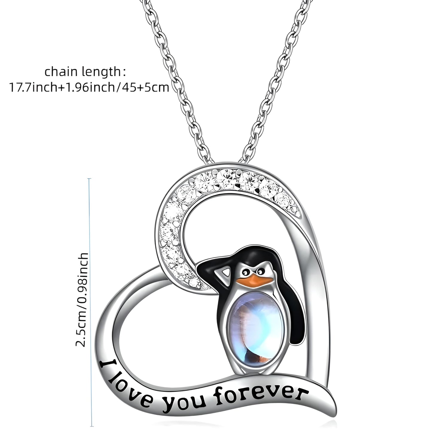 Sterling Silver Penguin Pendant Necklace with Opal Stone and CZ Accents, 'Love You Forever' Engraved - Happy Feet Penguin