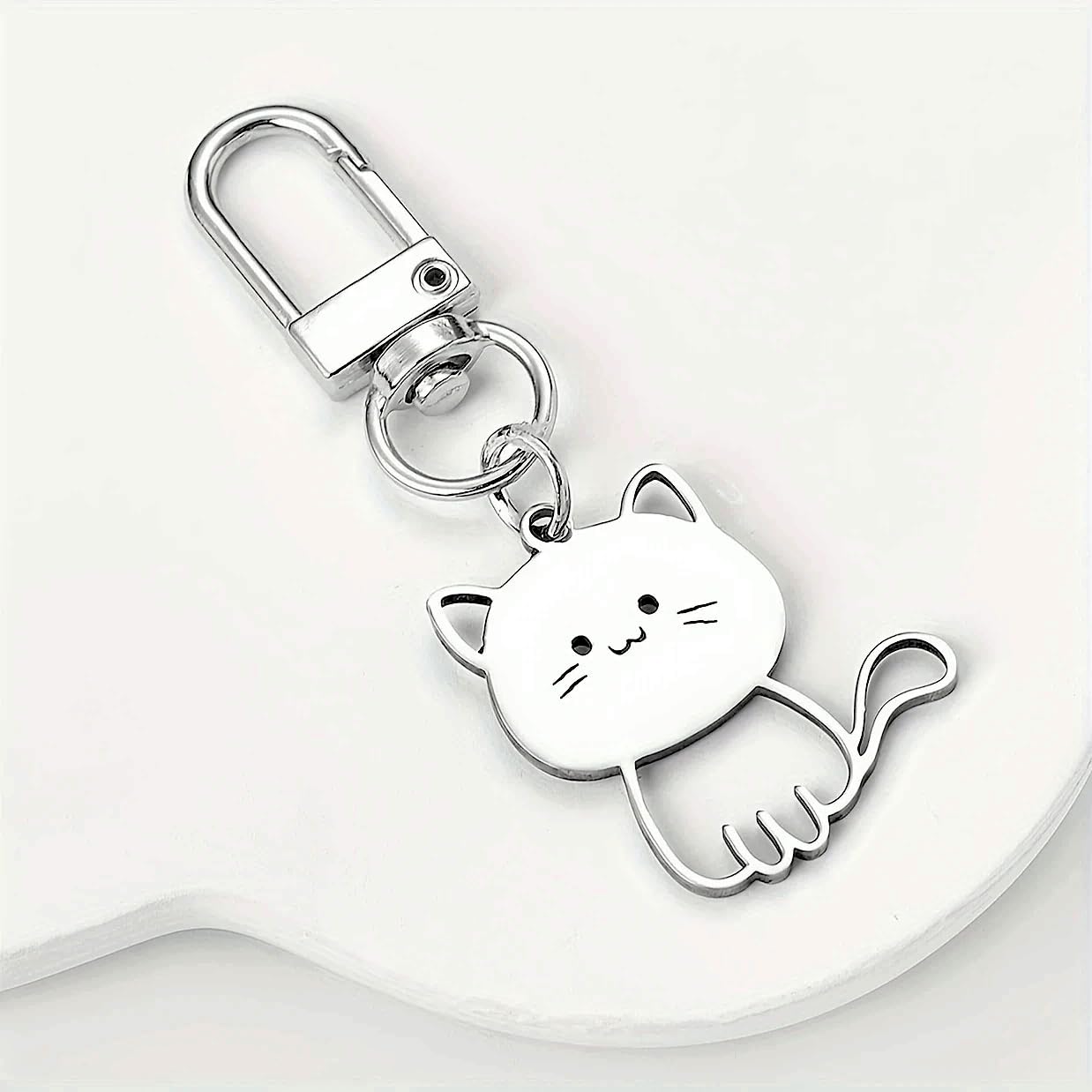 SUPAC Cute Cat Keychain with Carabiner Clip, White Metal, 2.68 x 1.18 inches