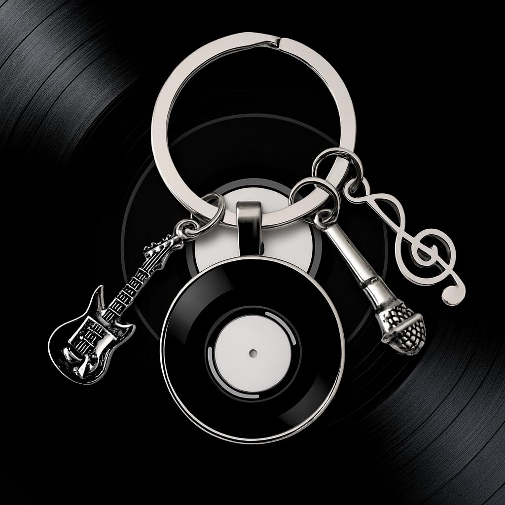SUPAC Music Lover Keychain with Vinyl Record, Guitar, Microphone and Musical Note Charms, Music Gifts, 5 Different Color Options (White Vinyl)