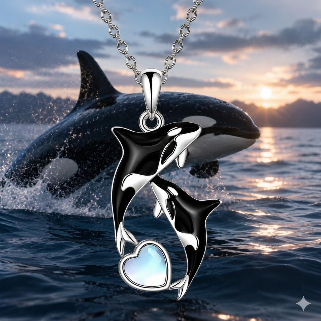 SUPAC Stainless Steel Silver Killer Whale Orca Whale Pendant Necklace, Black and Silver, Shamu Gift