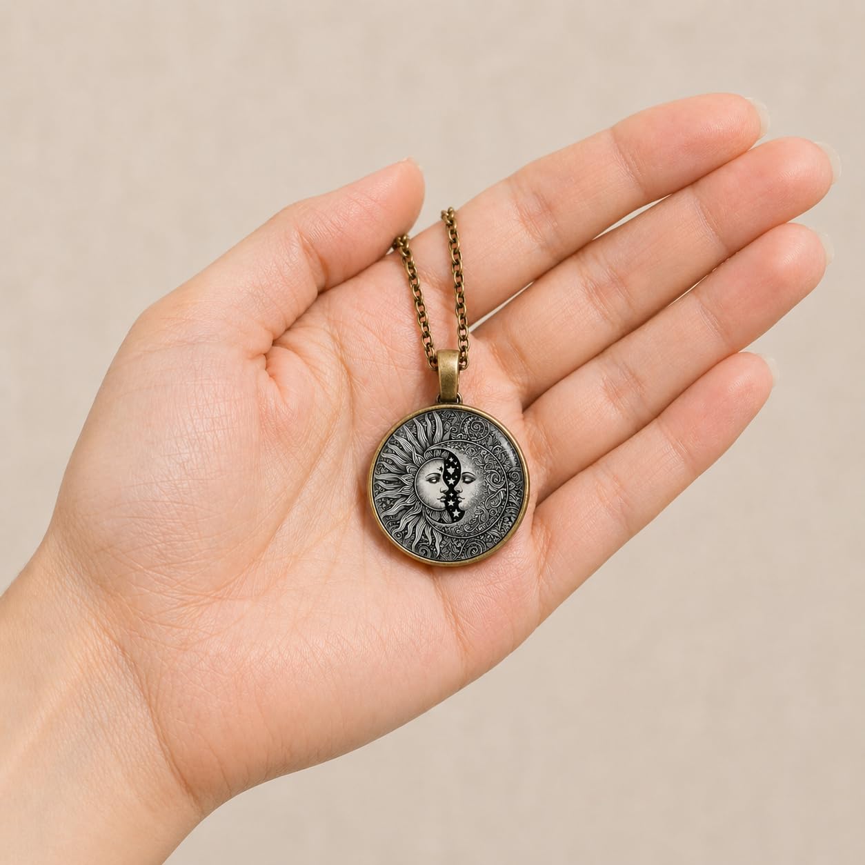 1pc Stunning Round Pendant Necklace - Unique Sun & Moon Pattern, Oil Painting Style Glass Mosaic, Alloy Construction, Trendy Sweater Chain, Fashionable Gift for Women - Christmas or Birthday Gift