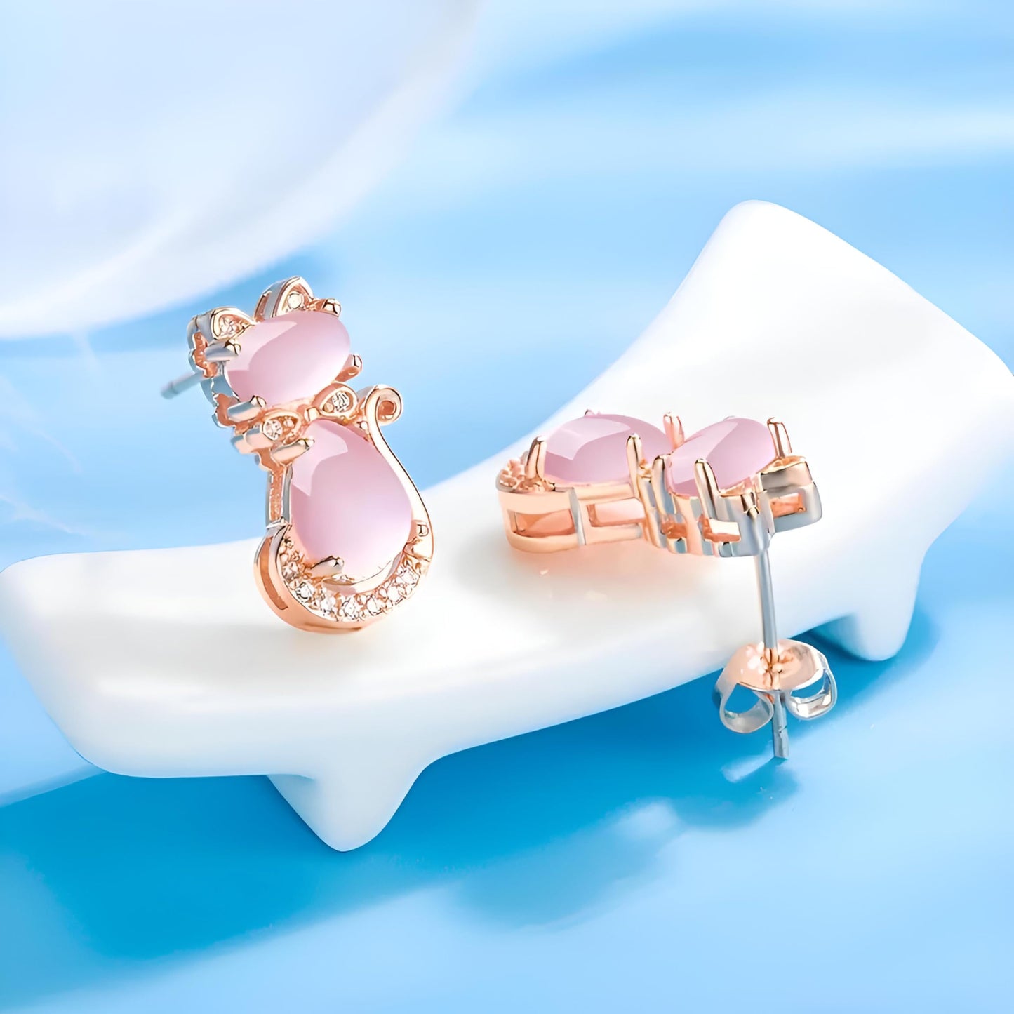 Rose Gold Cat Stud Earrings, Dog Paw Earrings, Pink Glass Crystal, Rhinestone Accents, 0.63 x 0.35 inches - Cat Earrings Gift