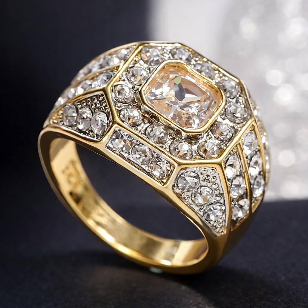 SUPAC Men's Party Ring with Rhinestone Gems: Sparkling Simulated Diamond Ring, Alloy-crafted, Gold-Plated for Exquisite Shine - the Ideal Hip-Hop Style Accessory for Social Events & Daily Wear (7)