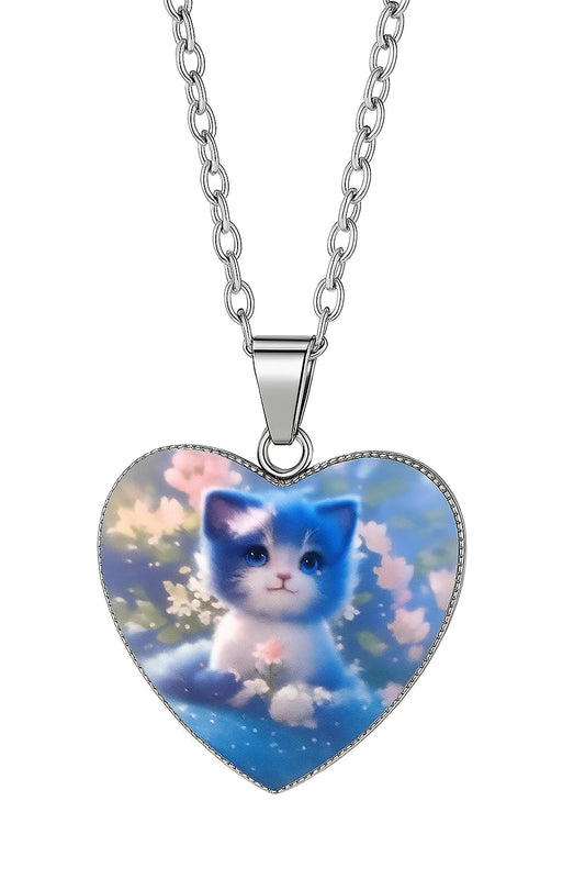SUPAC Heart-Shaped Cat Pendant Necklace with Floral Design, 19 inch Chain - Stainless Steel with Glass Pendant - Christmas, Holiday, or Birthday Gift