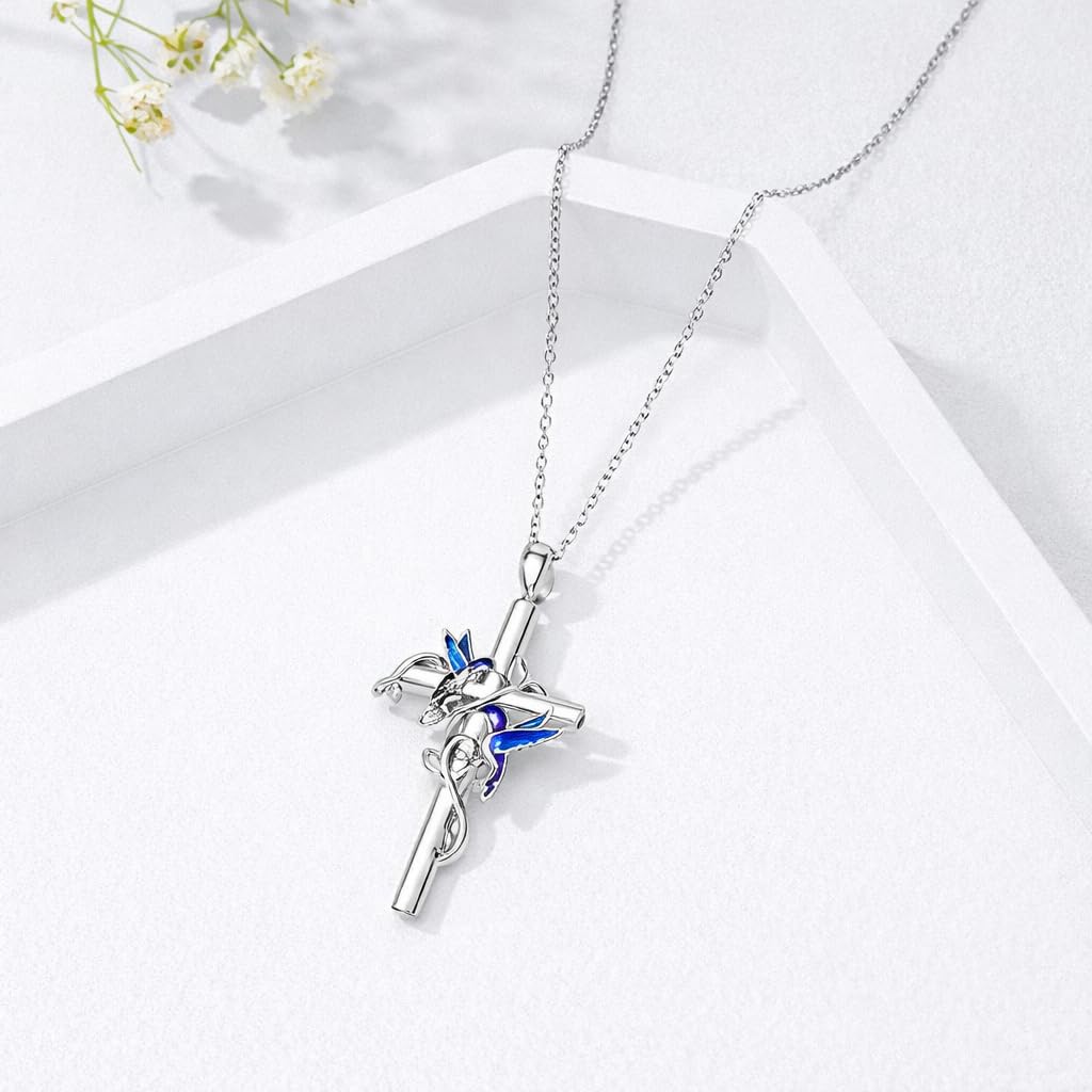 SUPAC Hummingbird Cross Design Necklace, I Am Always With You, 19.68 inch Chain, Red and Silver