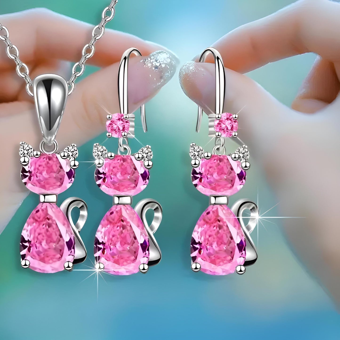 SUPAC Pink and Purple Cat Jewelry Set, Rose Gold Plated Crystal Necklace Earrings Ring, Gift for Cat Enthusiasts 6 Color Variations