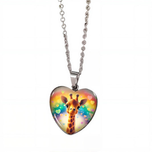 Cute Exquisite Giraffe Animal Detail Heart Pendant Necklace, Stainless Steel Chain- Christmas, Birthday, or Party Gift For Women