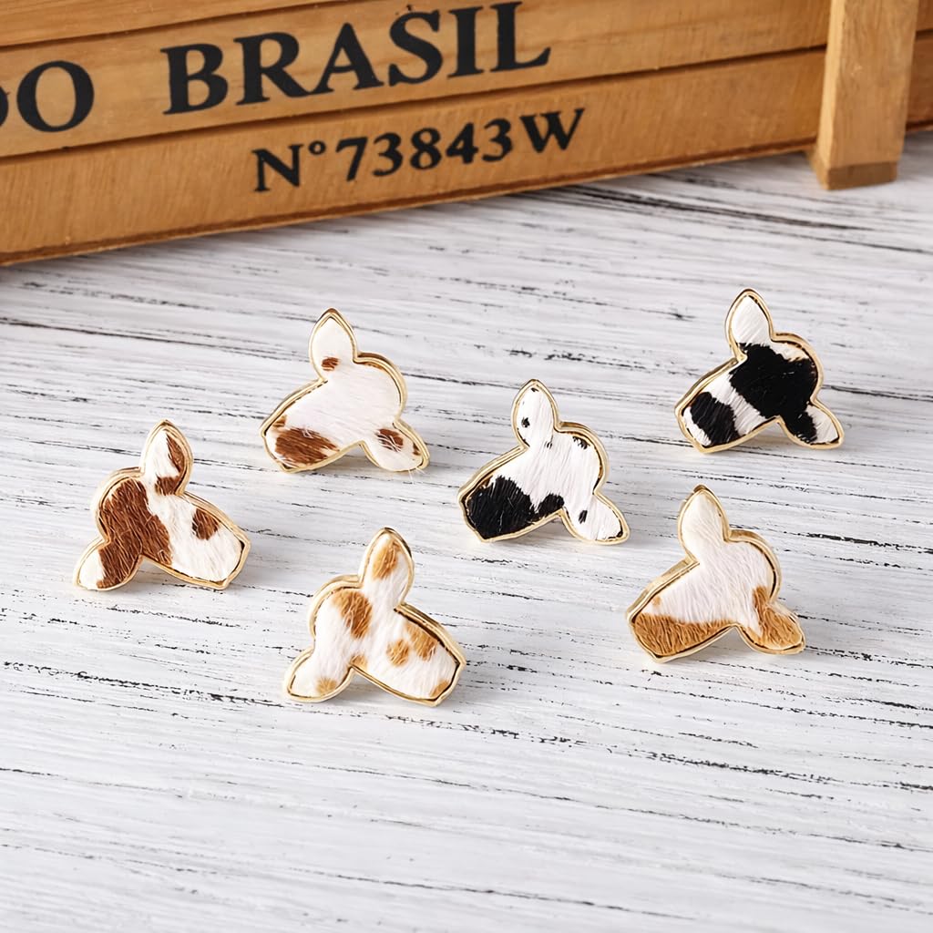 Cowhide Print Stud Earrings, 3-Set Gold-Tone Farm Animal Design, 0.78 x 0.62 inches -Brown, Orange, and Black Colors
