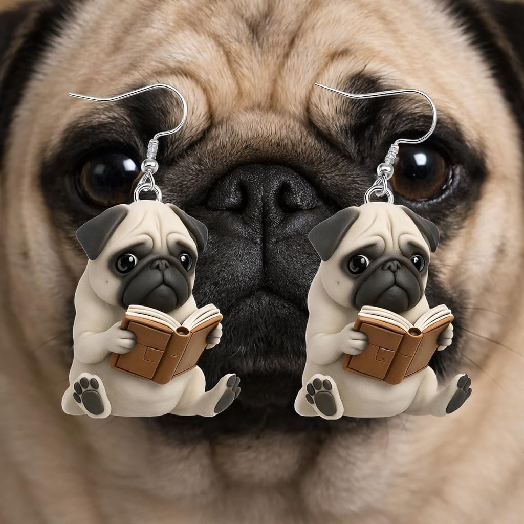 Cute Reading Pug Dangle Earrings, 2D Flat Acrylic, 1.2 inch - Dog Lovers' Gift
