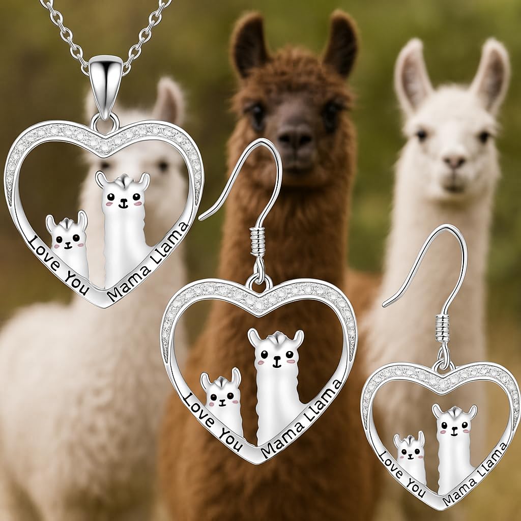 SUPAC Heart-Shaped Llama Jewelry Set, Stainless Steel Necklace and Earrings, Crystal Rhinestone - Llama Gift