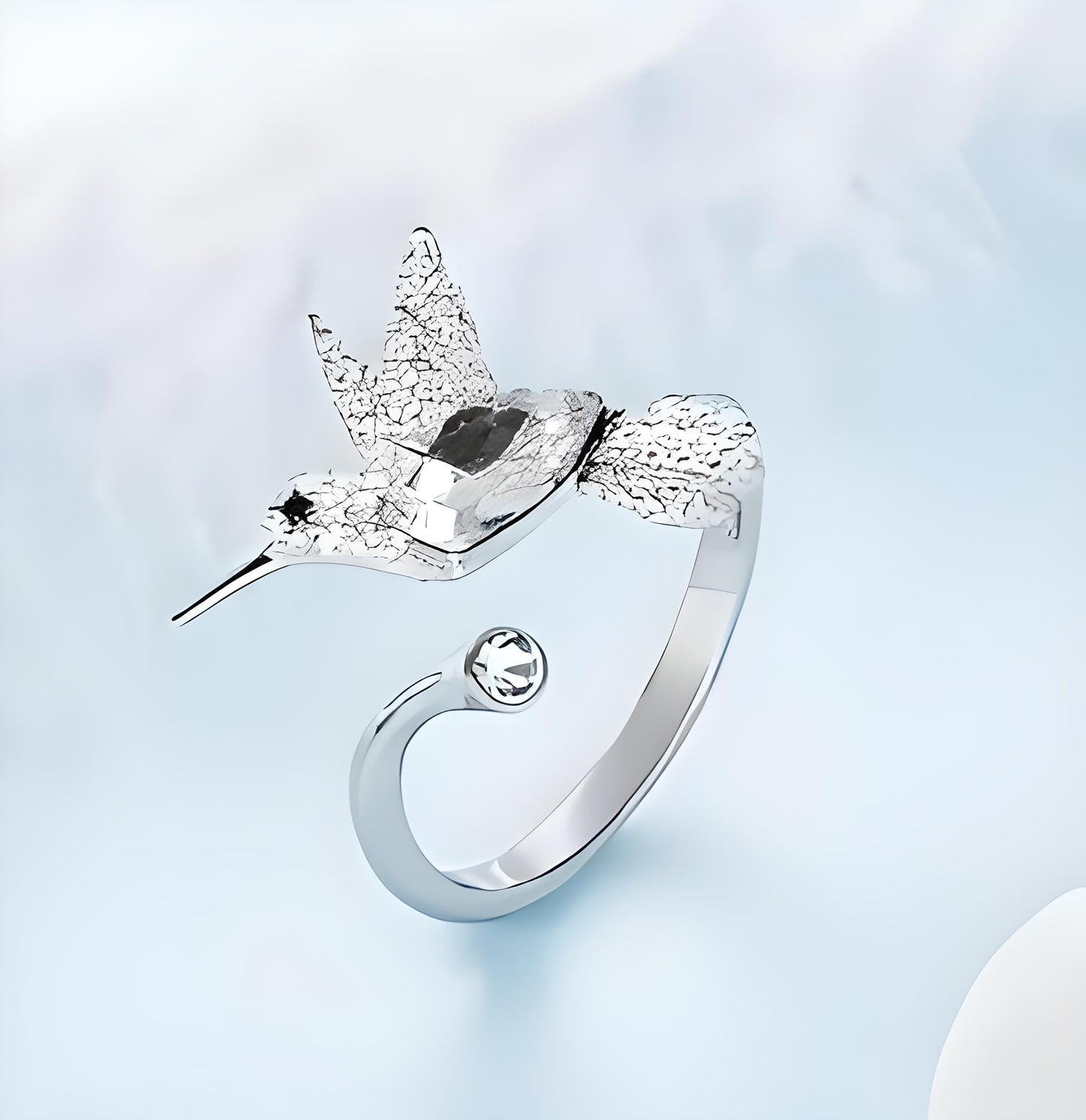 Sterling Silver Hummingbird Ring with Enamel Flowers, Adjustable, Turquoise and Purple