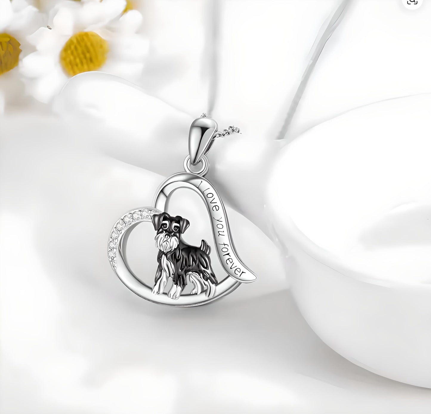 Schnauzer Dog Heart Pendant Necklace, Stainless Steel, Crystal Accent, I Love You Forever, 19.7 inch Chain
