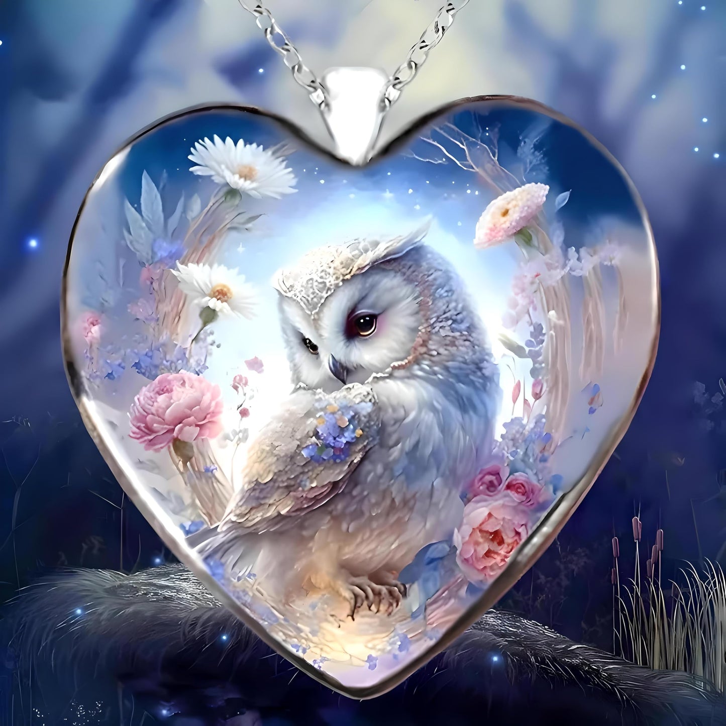Cute Owl Heart Necklace, Glass Pendant with Floral Design and Stainless Steel Bracelet - Holiday, Christmas, or Birthday Gift
