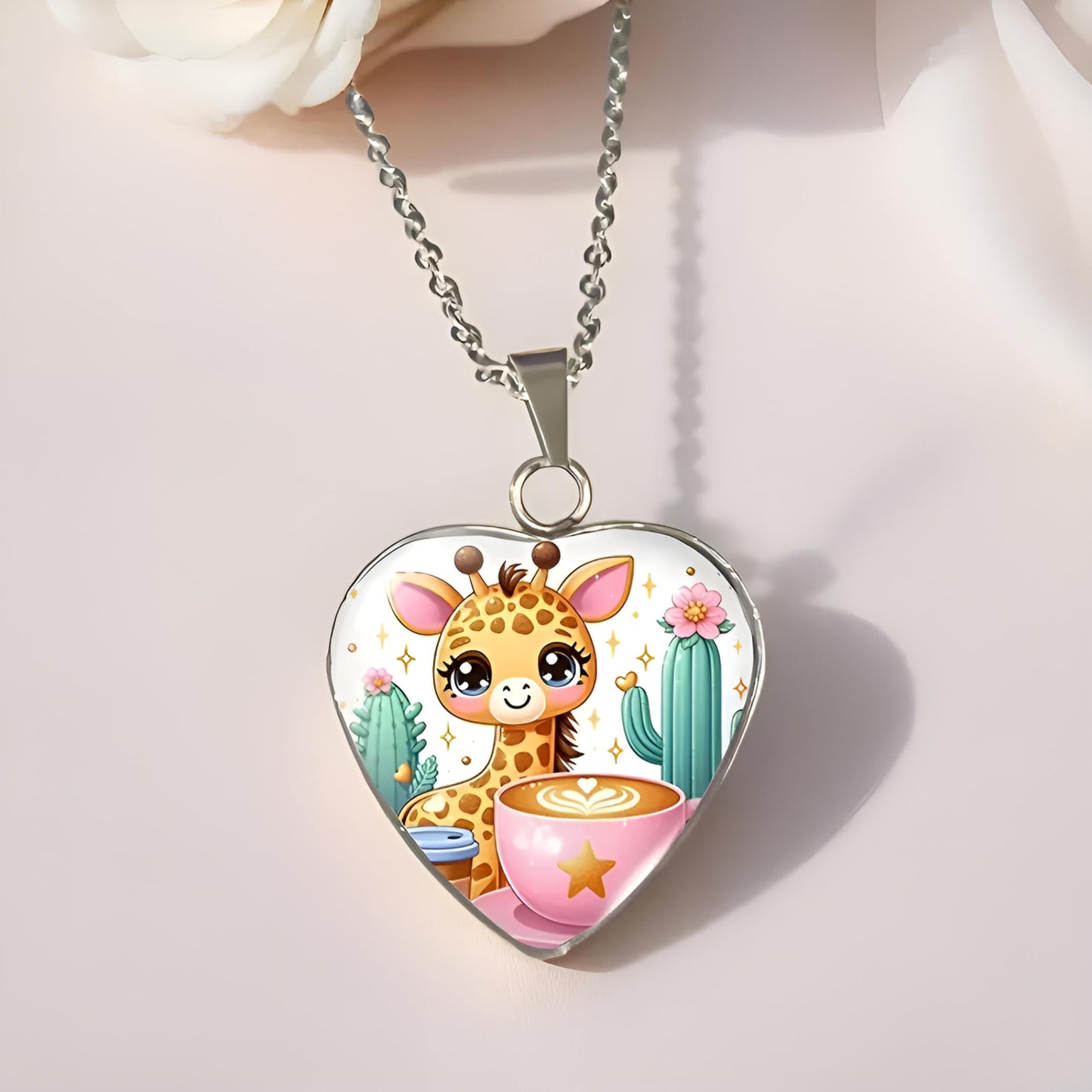 SUPAC Cute Exquisite Giraffe Animal Detail Heart Pendant Necklace, Stainless Steel Chain- Christmas, Birthday, or Party Gift For Women