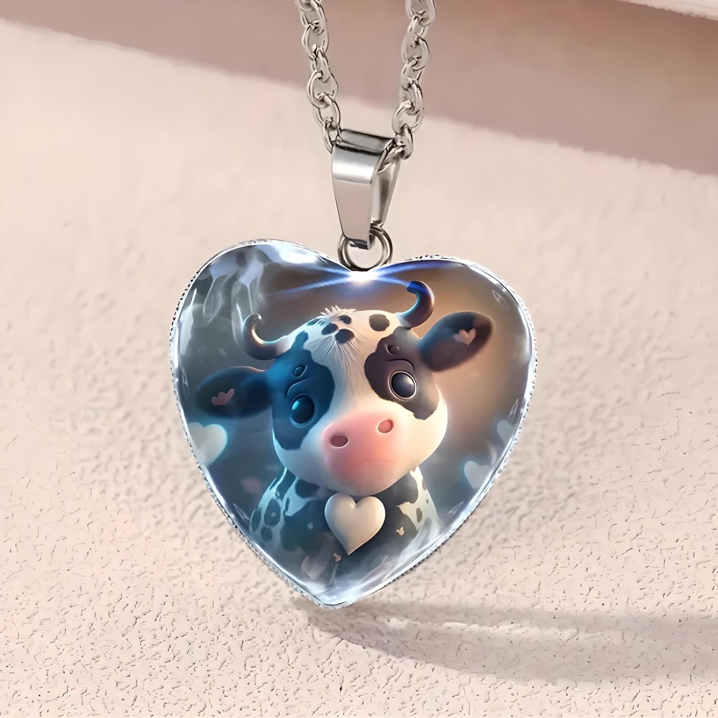 Heart-Shaped Pendant Necklace with Different Animals - Panda, Horse, Deer, Cat, Elephant, Dog Scenic Views, Stainless Steel Necklace with Glass Pendant - Christmas, Holiday, or Birthday Gift (Cow)