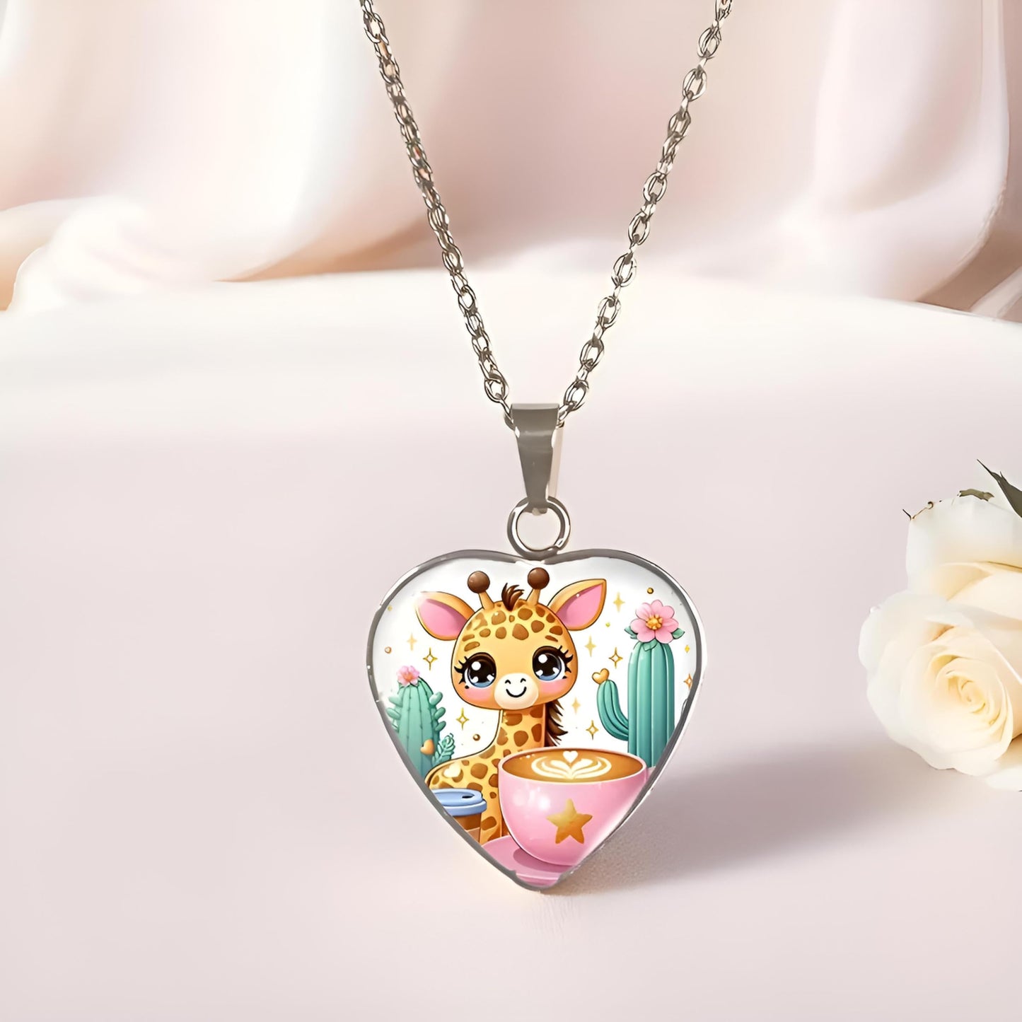 SUPAC Cute Exquisite Giraffe Animal Detail Heart Pendant Necklace, Stainless Steel Chain- Christmas, Birthday, or Party Gift For Women