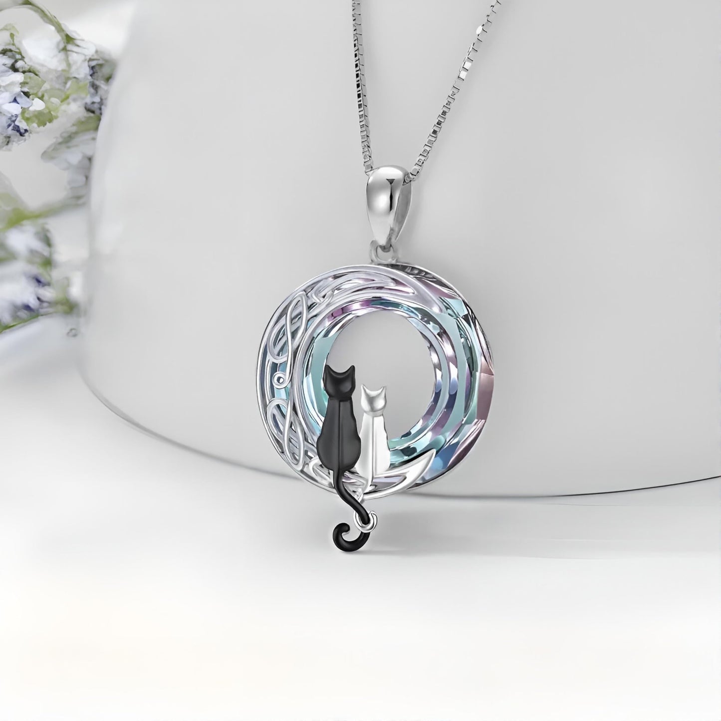 SUPAC Two Cats Moon Pendant Necklace, Black and White Cats, Celtic Design, 1.1 x 0.8 inch