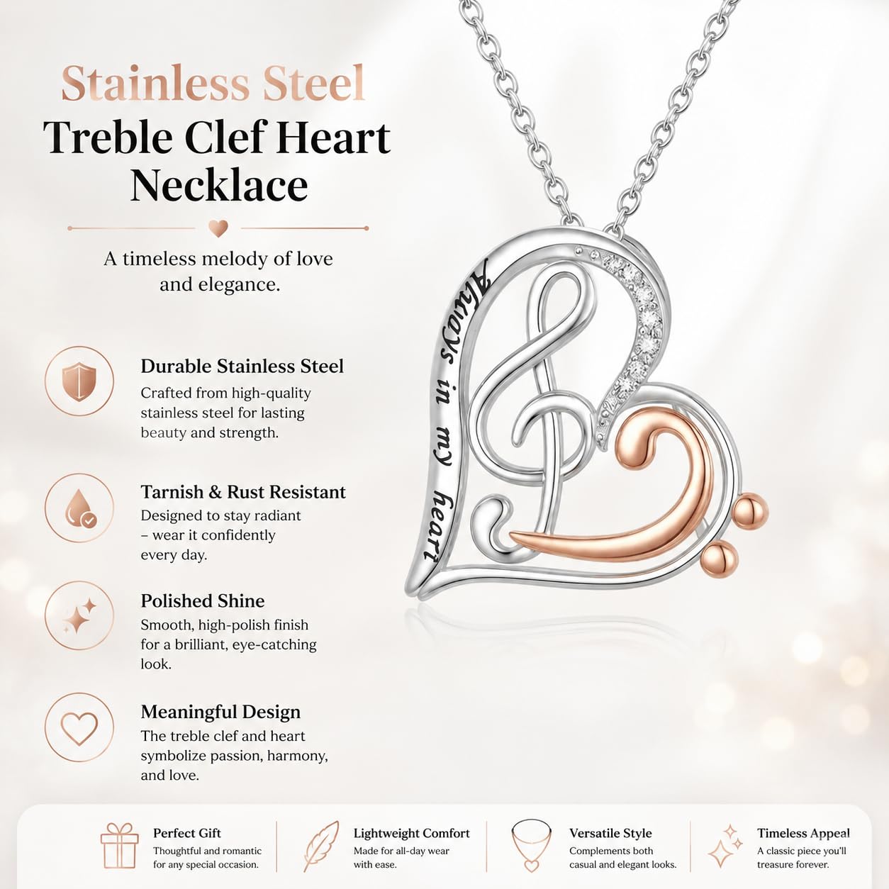 SUPAC Musical Note Heart Necklace, Stainless Steel and Rose Gold Two-Tone Treble Clef Design with Crystals - 'Always in my heart' Engraved