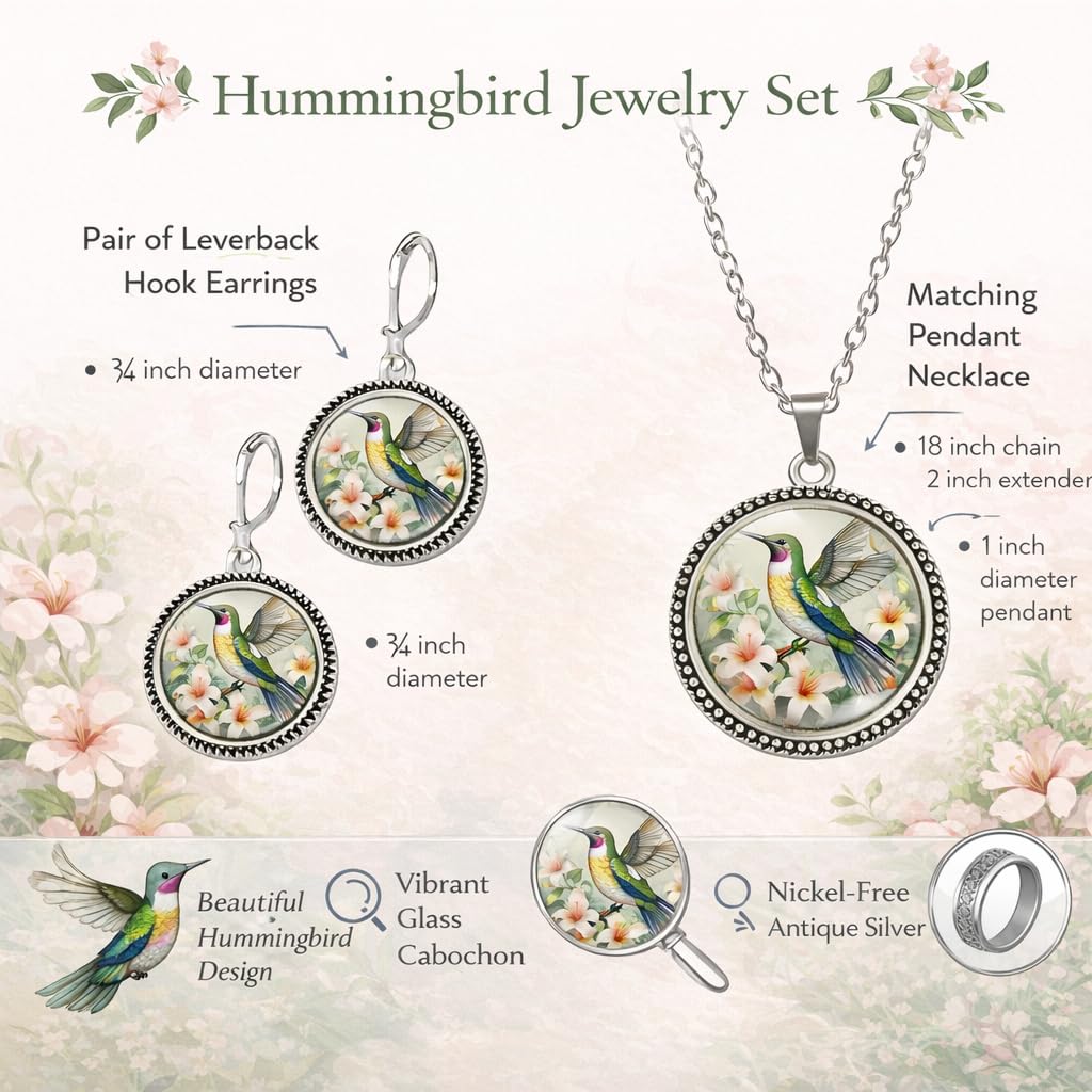 SUPAC Stunning Hummingbird Pendant Necklace - Two Humming Birds Searching for Flower - Fashionable Alloy Jewelry with Delicate Details - Birthday, Party, Gift Idea for Her