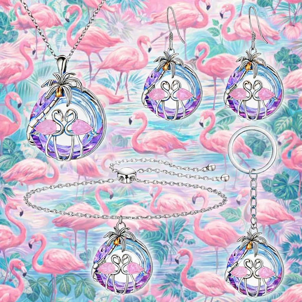 SUPAC Tropical Flamingo Jewelry Set with Necklace, Bracelet, Earrings and Keychain, Pink and Purple Crystal Beach Design, Silver