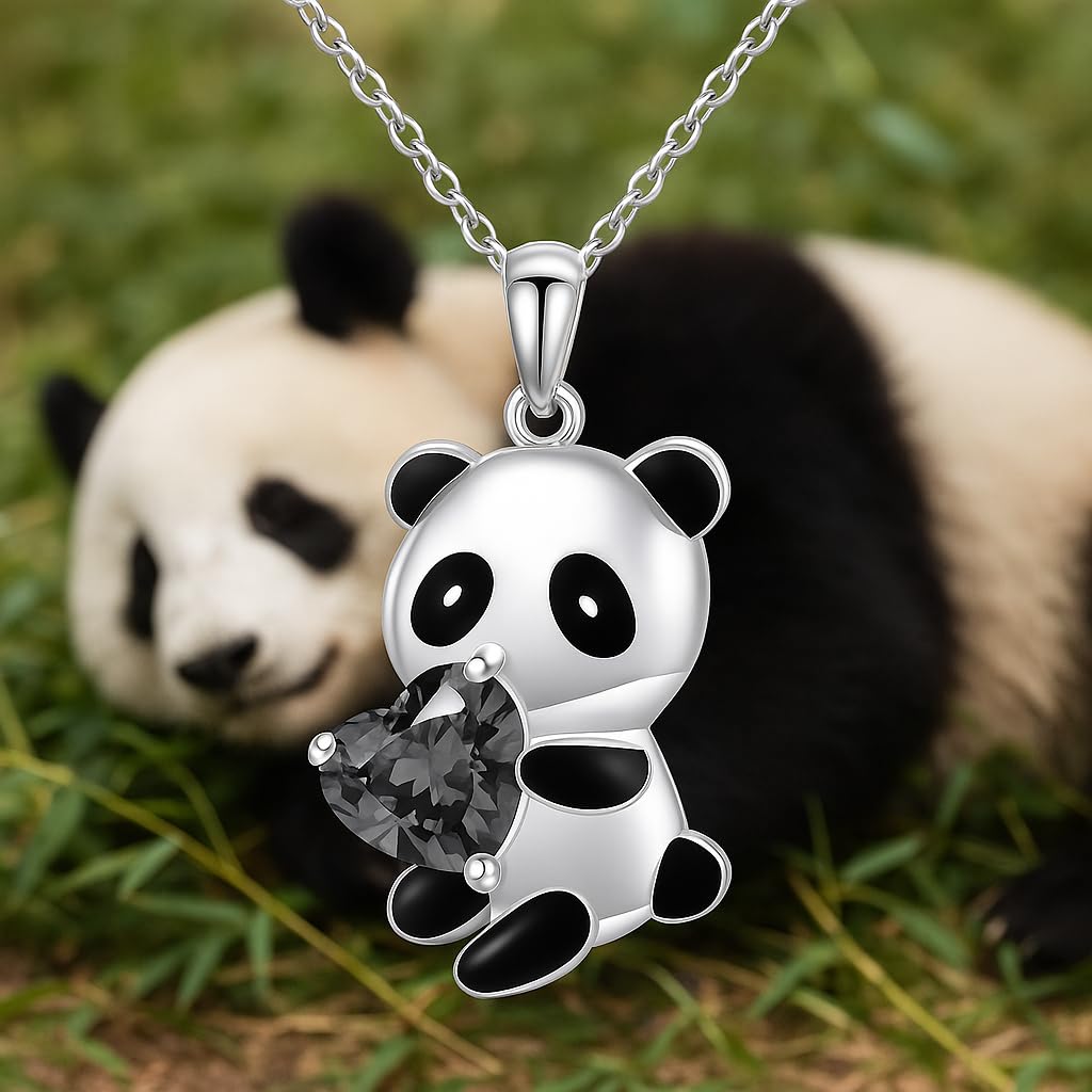 Cute Panda Heart Crystal Pendant Necklace, 17.7 inch Chain, Silver - 6+ Color Options