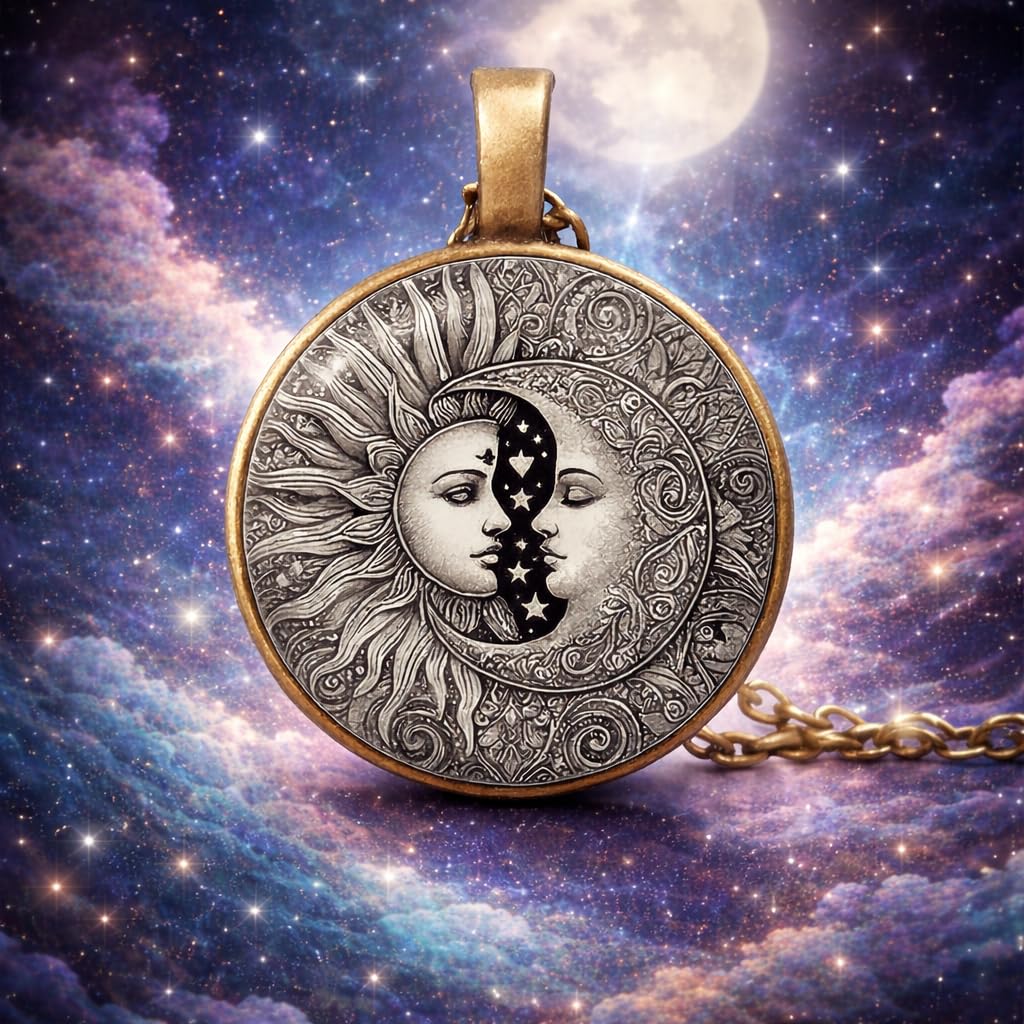 1pc Stunning Round Pendant Necklace - Unique Sun & Moon Pattern, Oil Painting Style Glass Mosaic, Alloy Construction, Trendy Sweater Chain, Fashionable Gift for Women - Christmas or Birthday Gift