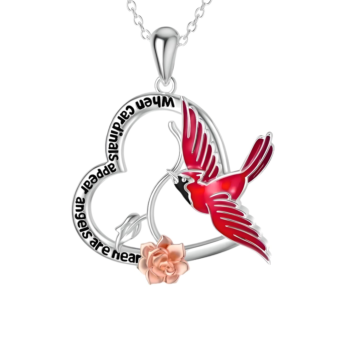 SUPAC Cardinal Heart Necklace with Rose Pendant, Sterling Silver Chain, 17.6 inches - Cardinal Jewelry Gift