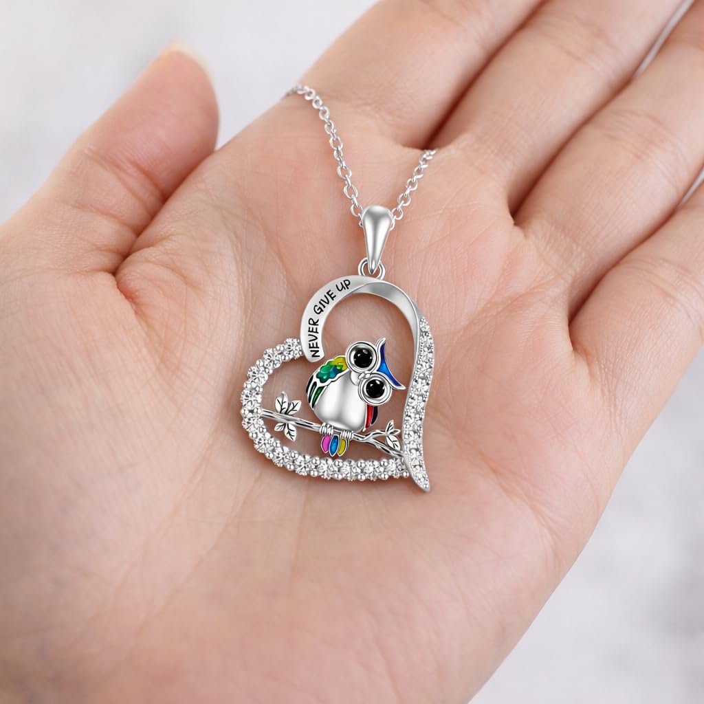 SUPAC Never Give Up Stainless Steel Owl Pendant Necklace, Crystal Rhinestone Crescent Design, 17.91 inch Chain Length, Inspirational Jewelry
