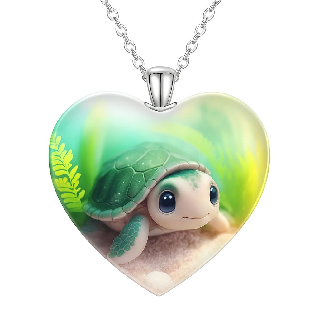 SUPAC Cute Underwater Turtle Glass Heart Pendant Necklace, 'I Love You Today, Tomorrow, Always' Engraved - Holiday, Christmas, or Birthday Gift